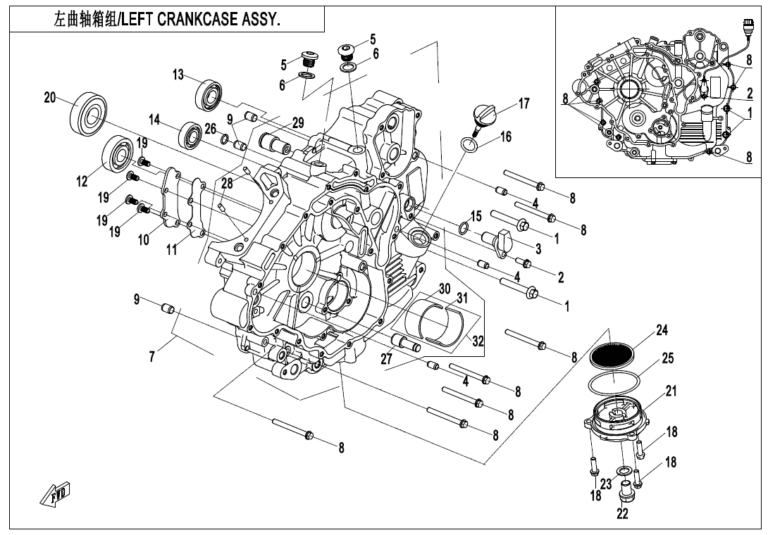 Diagram: 2023 CFMoto CFORCE 400 CF400AZ-3S – LEFT CRANKCASE ASSY [E01-1]