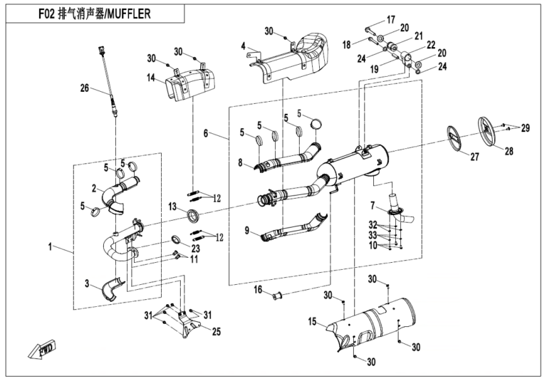 Diagram: 2023 CFMoto CFORCE 400 CF400AZ-3S – MUFFLER(INTERNATIONAL) [F02-A]